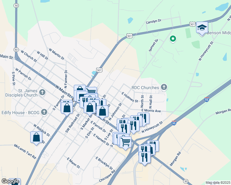 map of restaurants, bars, coffee shops, grocery stores, and more near 505 North Elm Street in Benson