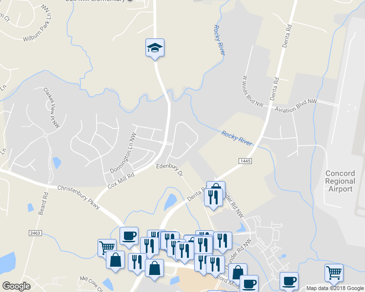 map of restaurants, bars, coffee shops, grocery stores, and more near 9511 Rocky Spring Court Northwest in Concord