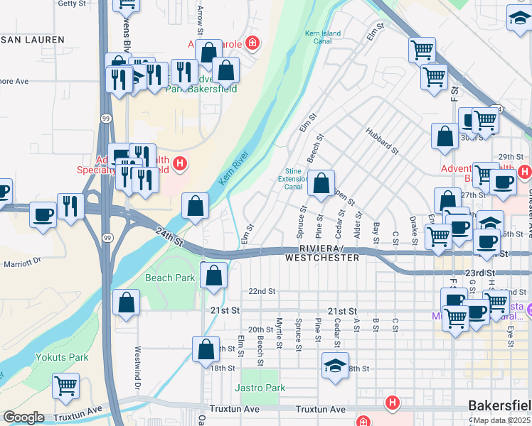 map of restaurants, bars, coffee shops, grocery stores, and more near 3125 Audubon Drive in Bakersfield