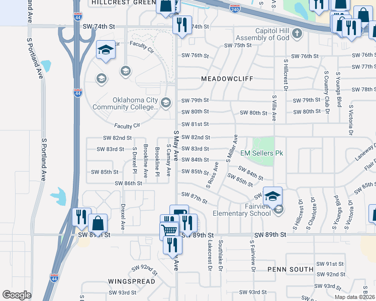 map of restaurants, bars, coffee shops, grocery stores, and more near 2829 Southwest 83rd Street in Oklahoma City