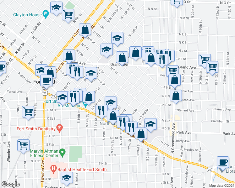 map of restaurants, bars, coffee shops, grocery stores, and more near 400 North 18th Street in Fort Smith