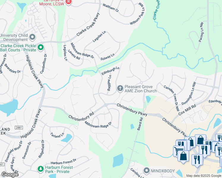 map of restaurants, bars, coffee shops, grocery stores, and more near 2221 Baggins Lane in Charlotte