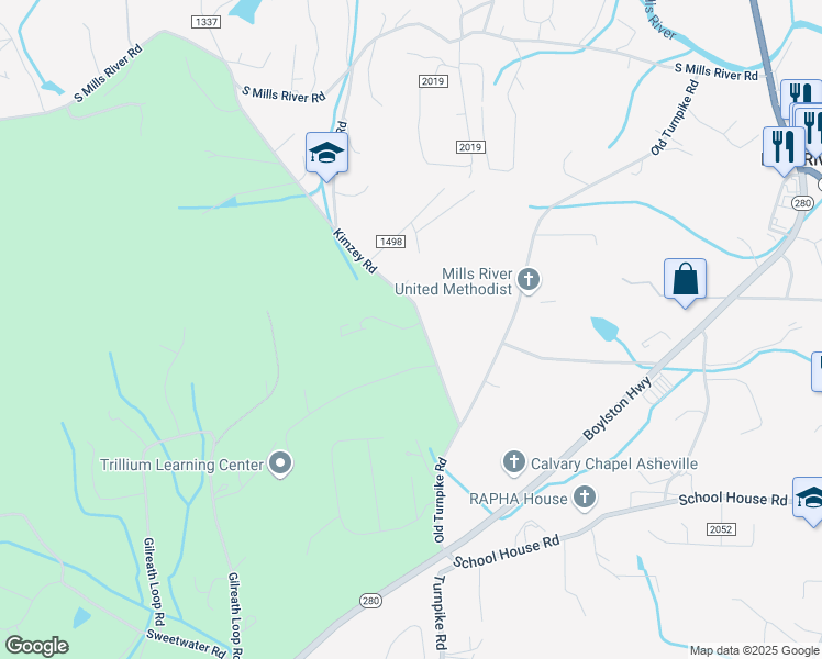 map of restaurants, bars, coffee shops, grocery stores, and more near 347 Kimzey Road in Mills River