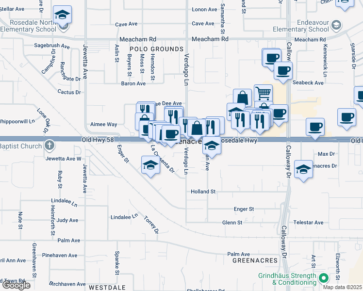map of restaurants, bars, coffee shops, grocery stores, and more near 10501 Rosedale Highway in Bakersfield