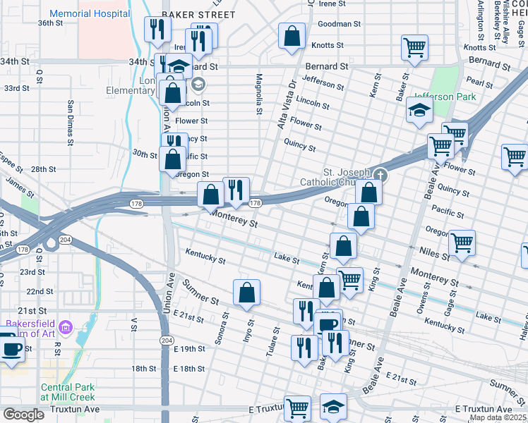map of restaurants, bars, coffee shops, grocery stores, and more near 304 Niles Place in Bakersfield