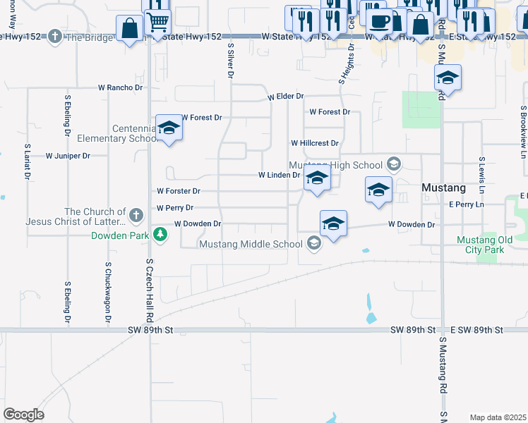 map of restaurants, bars, coffee shops, grocery stores, and more near 616 West Perry Drive in Mustang