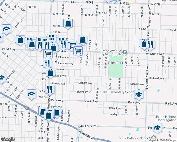 map of restaurants, bars, coffee shops, grocery stores, and more near 631 Clifton Court in Fort Smith