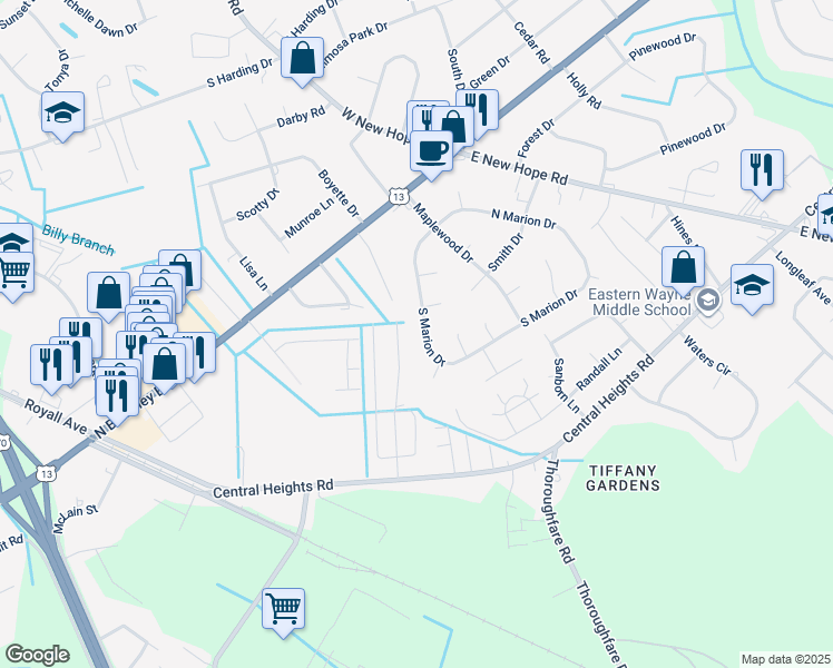 map of restaurants, bars, coffee shops, grocery stores, and more near 126 South Marion Drive in Goldsboro