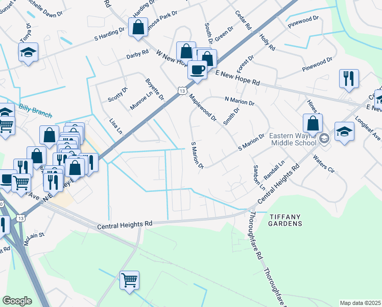 map of restaurants, bars, coffee shops, grocery stores, and more near 126 South Marion Drive in Goldsboro