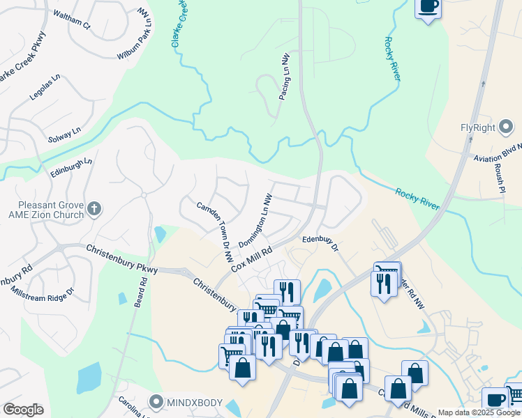 map of restaurants, bars, coffee shops, grocery stores, and more near 2234 Donnington Lane Northwest in Concord