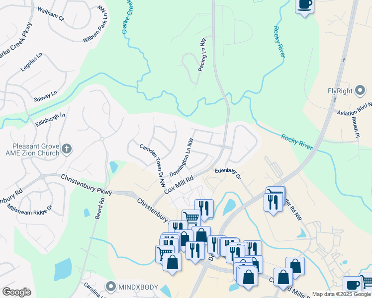 map of restaurants, bars, coffee shops, grocery stores, and more near 2234 Donnington Lane Northwest in Concord