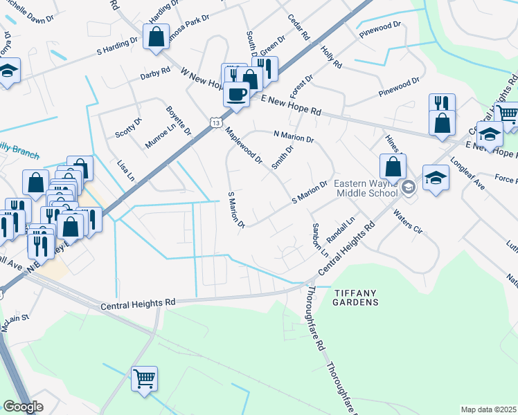 map of restaurants, bars, coffee shops, grocery stores, and more near 103 Tracy Place in Goldsboro