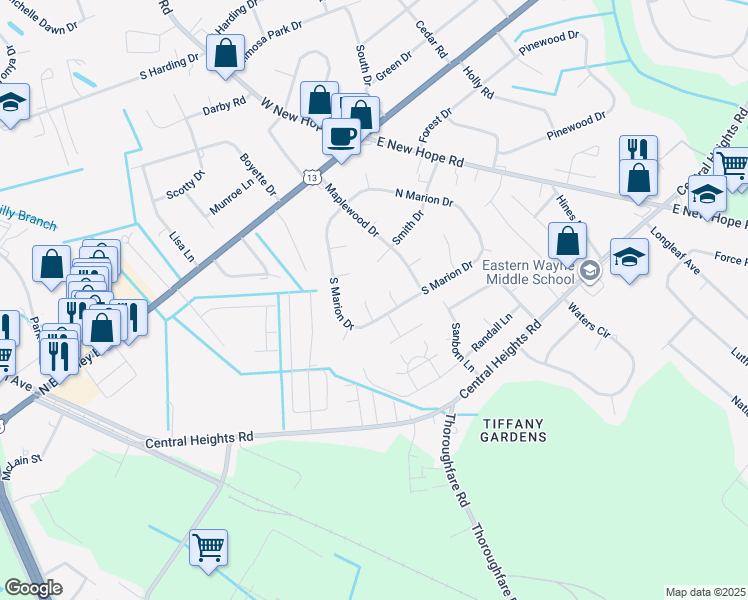 map of restaurants, bars, coffee shops, grocery stores, and more near 103 Tracy Place in Goldsboro