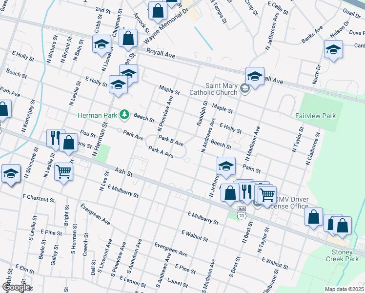 map of restaurants, bars, coffee shops, grocery stores, and more near 1306 East Park Avenue B in Goldsboro