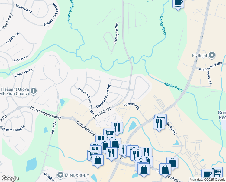 map of restaurants, bars, coffee shops, grocery stores, and more near 9615 Camberley Avenue Northwest in Concord