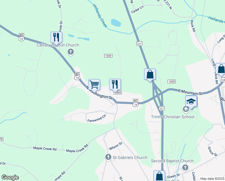 map of restaurants, bars, coffee shops, grocery stores, and more near 710 North Washington Street in Rutherfordton