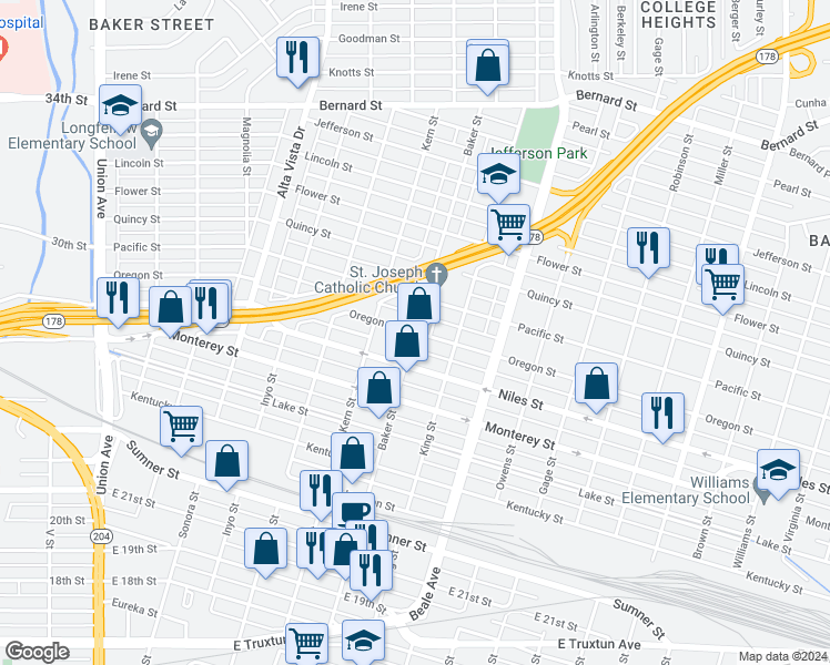 map of restaurants, bars, coffee shops, grocery stores, and more near Oregon St & Baker St in Bakersfield