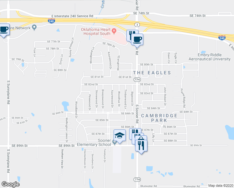 map of restaurants, bars, coffee shops, grocery stores, and more near 8321 Woodhue Drive in Oklahoma City