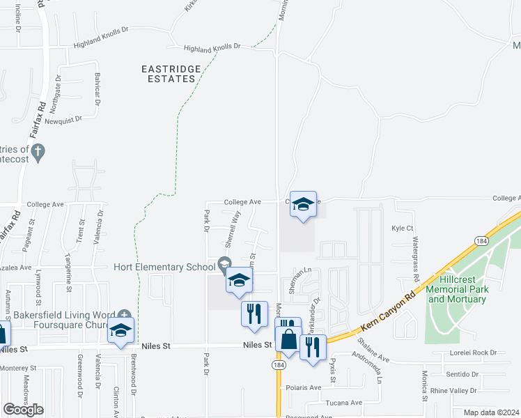 map of restaurants, bars, coffee shops, grocery stores, and more near 3221 Fortier Street in Bakersfield