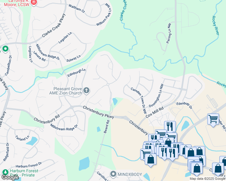 map of restaurants, bars, coffee shops, grocery stores, and more near 2446 Christenbury Hall Drive Northwest in Concord