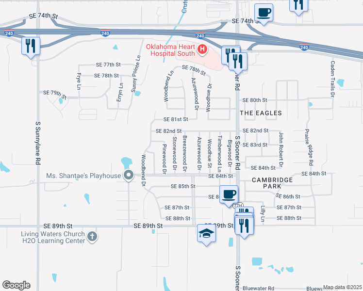 map of restaurants, bars, coffee shops, grocery stores, and more near 8312 Breezewood Drive in Oklahoma City