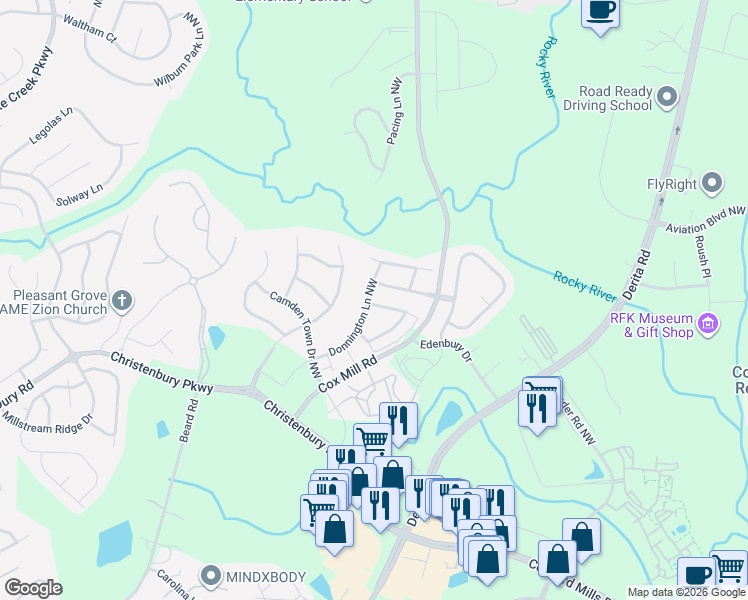 map of restaurants, bars, coffee shops, grocery stores, and more near 9557 Heritage Farm Avenue Northwest in Concord