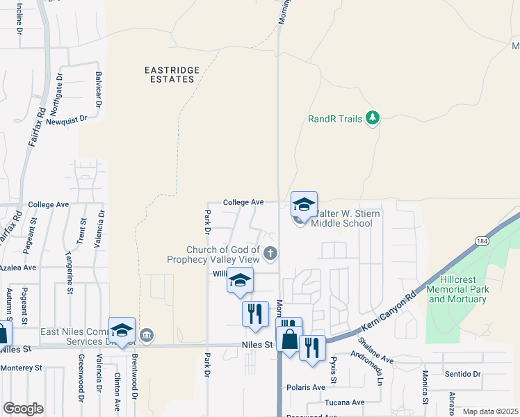 map of restaurants, bars, coffee shops, grocery stores, and more near 3225 Fortier Street in Bakersfield