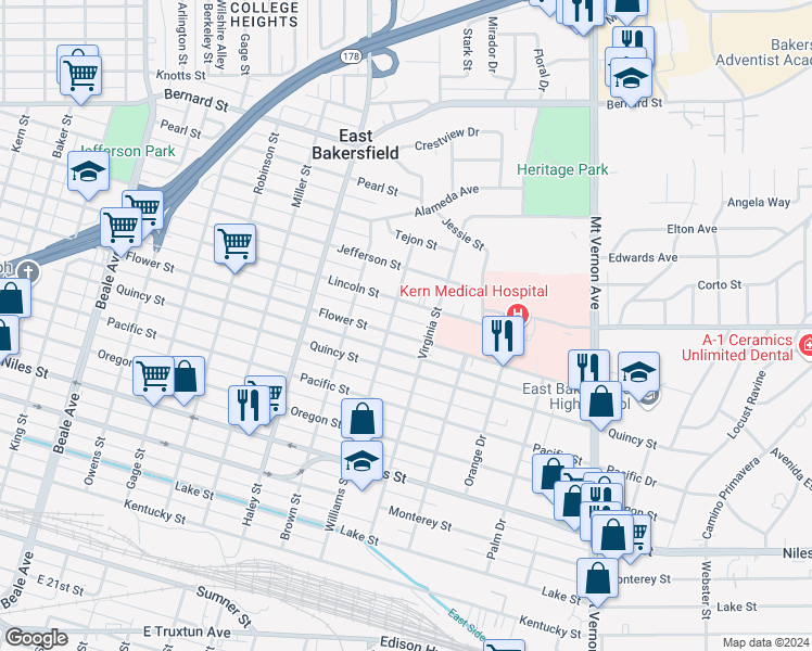 map of restaurants, bars, coffee shops, grocery stores, and more near 1728 Williams Street in Bakersfield