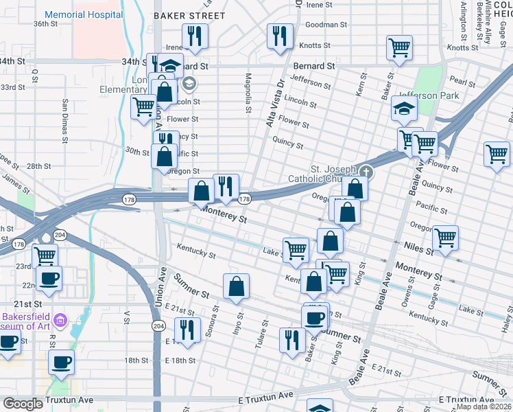 map of restaurants, bars, coffee shops, grocery stores, and more near 312 Niles Place in Bakersfield