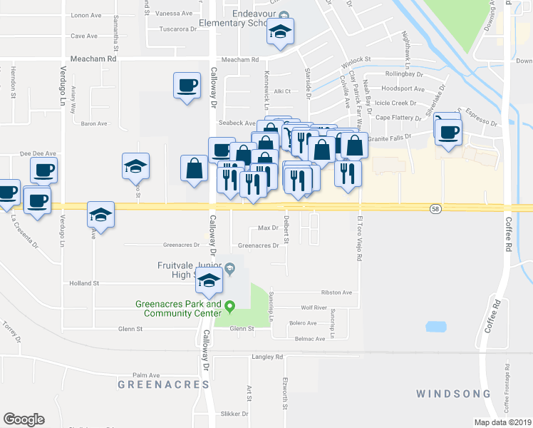 map of restaurants, bars, coffee shops, grocery stores, and more near 9411 Rosedale Highway in Bakersfield