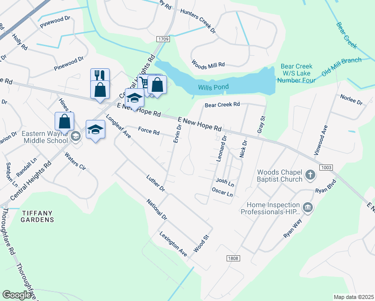 map of restaurants, bars, coffee shops, grocery stores, and more near 202 Ervin Drive in Goldsboro