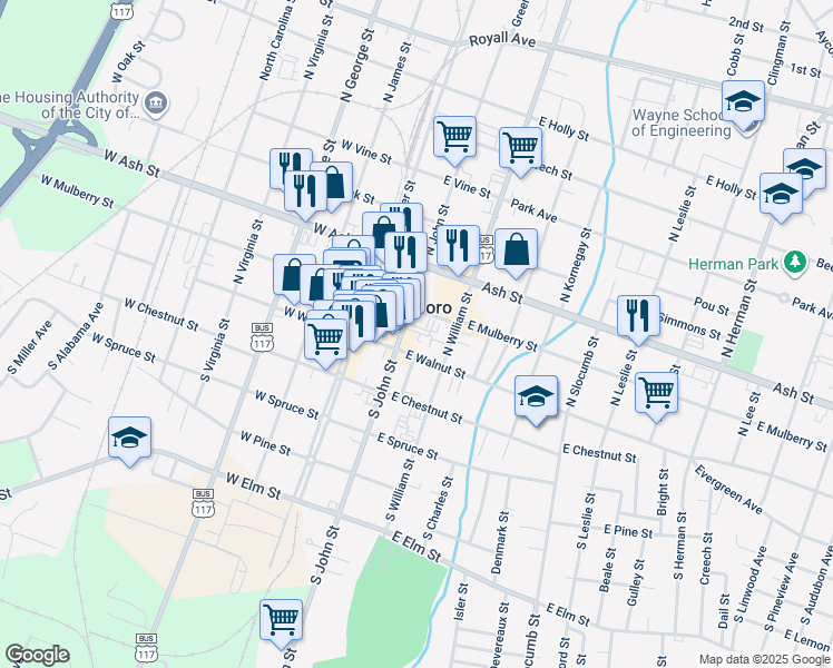 map of restaurants, bars, coffee shops, grocery stores, and more near 212 East Mulberry Street in Goldsboro