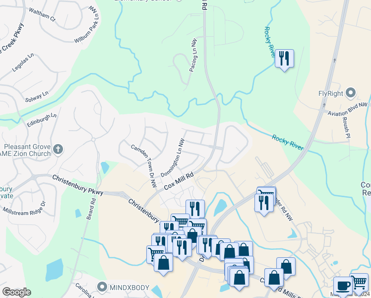 map of restaurants, bars, coffee shops, grocery stores, and more near 9557 Heritage Farm Avenue Northwest in Concord