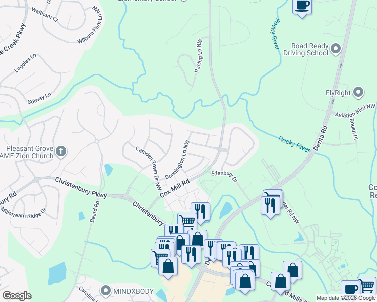 map of restaurants, bars, coffee shops, grocery stores, and more near 9557 Heritage Farm Avenue Northwest in Concord