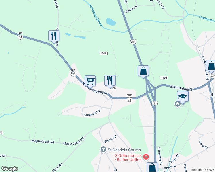 map of restaurants, bars, coffee shops, grocery stores, and more near 710 North Washington Street in Rutherfordton