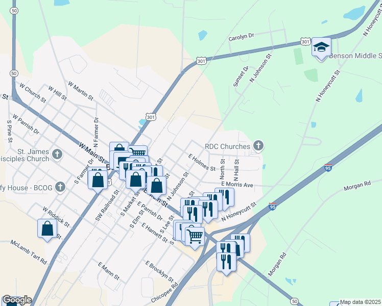 map of restaurants, bars, coffee shops, grocery stores, and more near 205 East Holmes Street in Benson