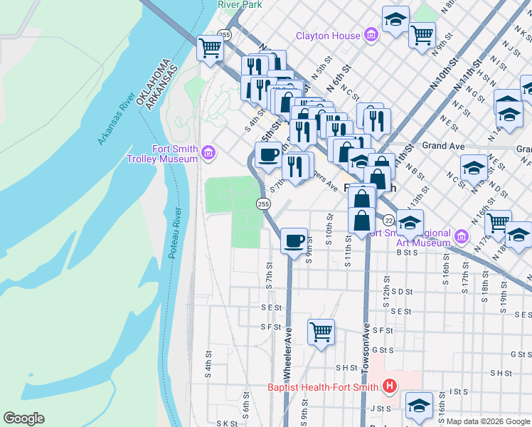 map of restaurants, bars, coffee shops, grocery stores, and more near 100 S 6th St in Fort Smith