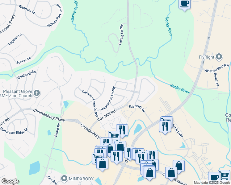 map of restaurants, bars, coffee shops, grocery stores, and more near 9597 Camberley Avenue Northwest in Concord