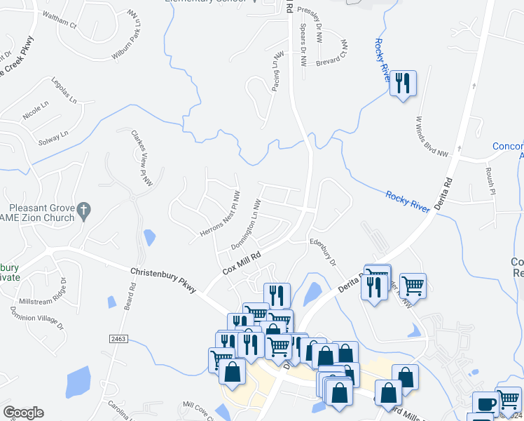 map of restaurants, bars, coffee shops, grocery stores, and more near 9597 Camberley Avenue Northwest in Concord