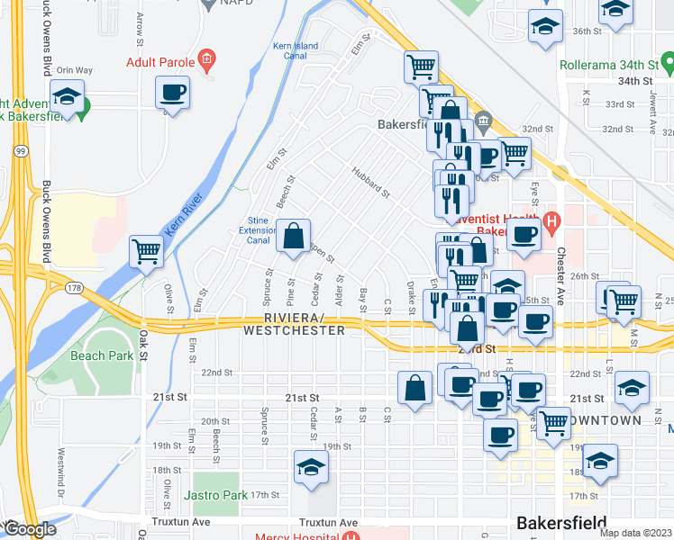 map of restaurants, bars, coffee shops, grocery stores, and more near 2453 Alder Street in Bakersfield