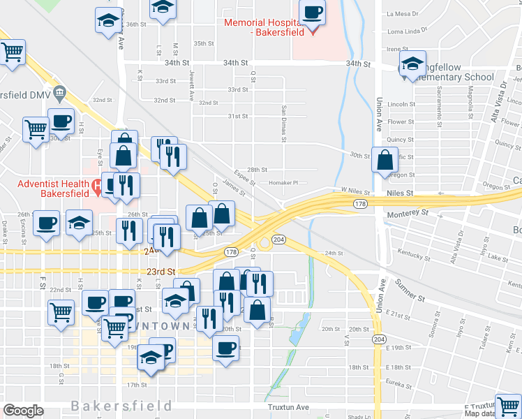 map of restaurants, bars, coffee shops, grocery stores, and more near 2604 Q Street in Bakersfield