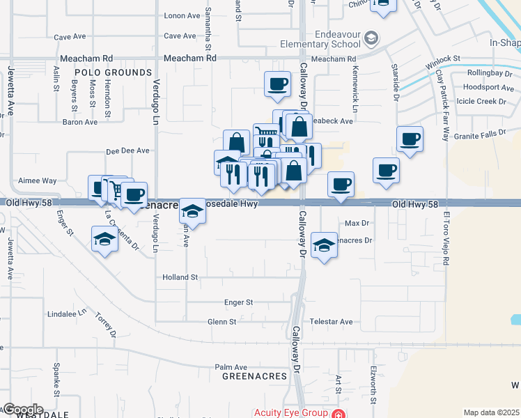 map of restaurants, bars, coffee shops, grocery stores, and more near 9925 Rosedale Highway in Bakersfield