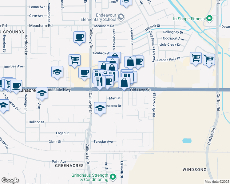 map of restaurants, bars, coffee shops, grocery stores, and more near 9411 Rosedale Highway in Bakersfield