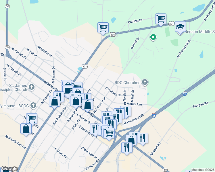 map of restaurants, bars, coffee shops, grocery stores, and more near 205 East Holmes Street in Benson