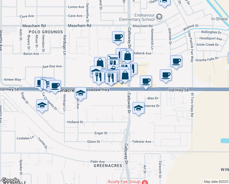 map of restaurants, bars, coffee shops, grocery stores, and more near 9831 Rosedale Highway in Bakersfield