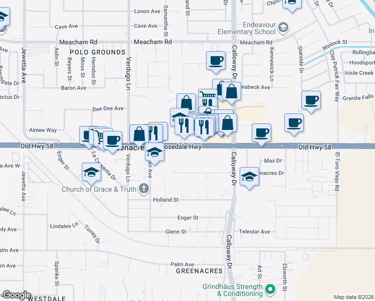 map of restaurants, bars, coffee shops, grocery stores, and more near 10031 Rosedale Highway in Bakersfield