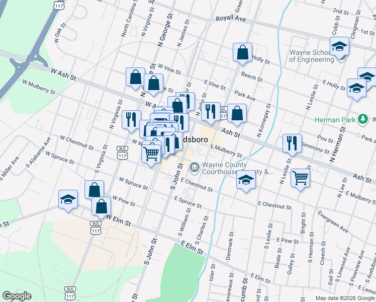 map of restaurants, bars, coffee shops, grocery stores, and more near in Goldsboro