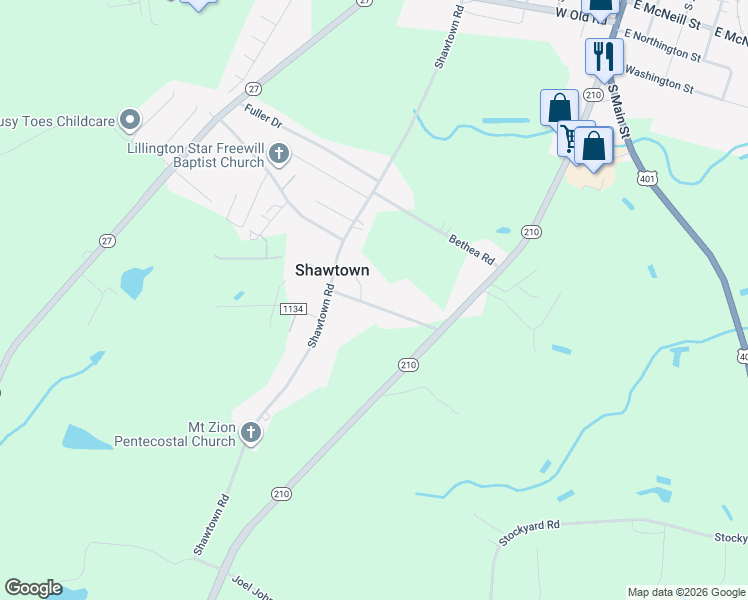 map of restaurants, bars, coffee shops, grocery stores, and more near 182 Irene Roberts Road in Lillington