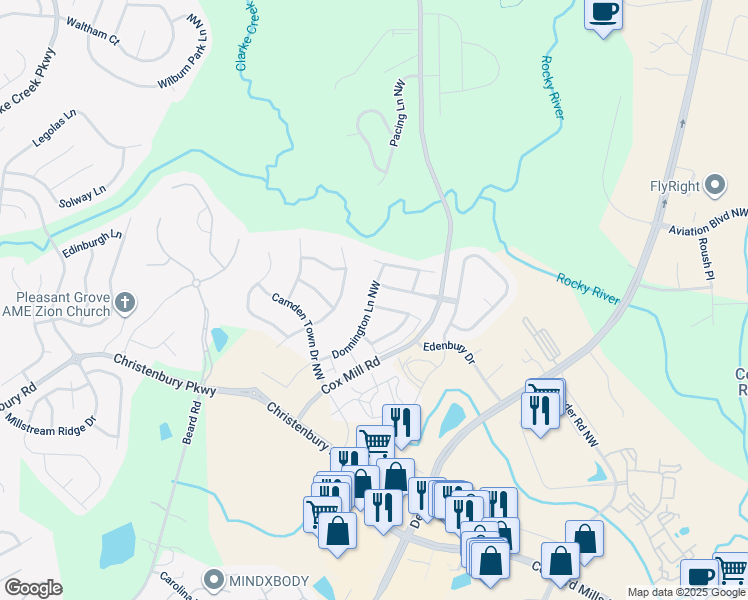 map of restaurants, bars, coffee shops, grocery stores, and more near 9585 Camberley Avenue Northwest in Concord