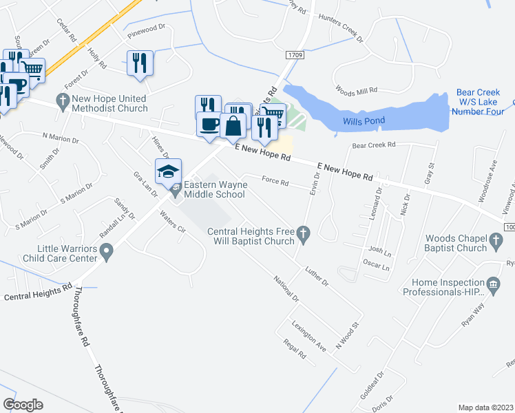 map of restaurants, bars, coffee shops, grocery stores, and more near 712 Longleaf Avenue in Goldsboro